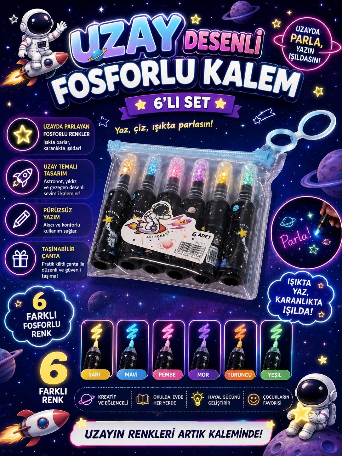 Uzay Desenli Fosforlu Kalem Seti